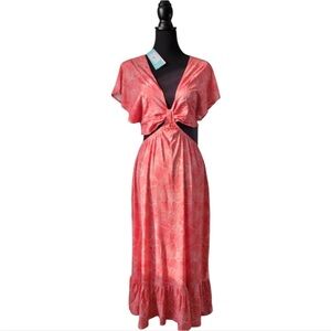 Coral and White Cutout Ruffled Midi Sundress